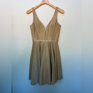 Gold Sparkle V-Neck Skater Dress with Waist Embellishment